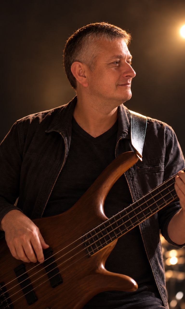 Tomasz Zawada z gitarą basową